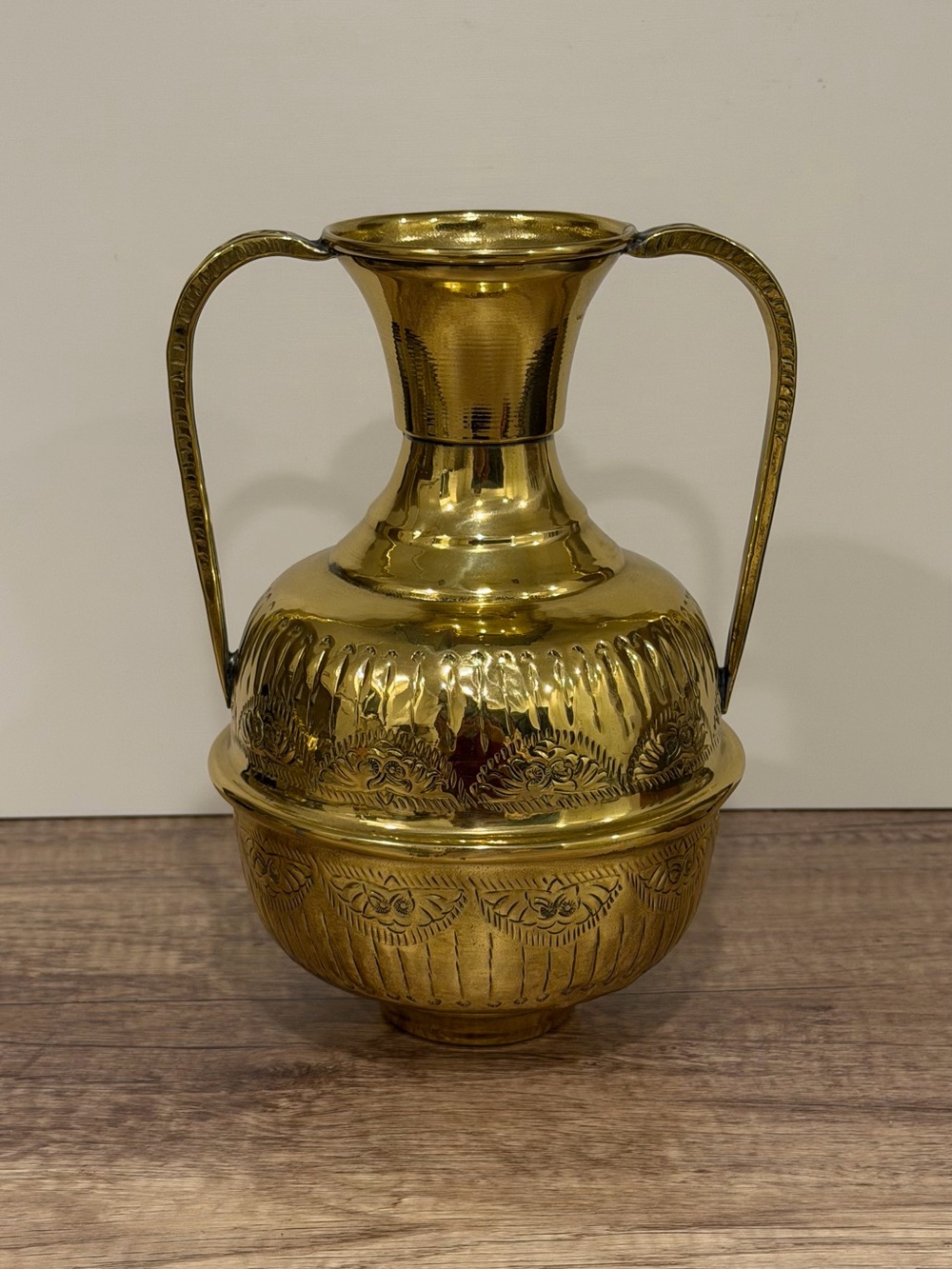 Vintage Brass Two Handle Vase Urn Etched Floral Grandmillenial 8.5”